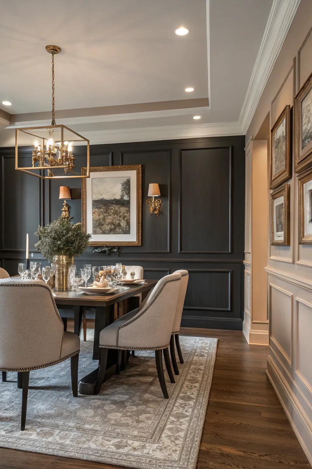 Achieve understated elegance in your dining room with charcoal and beige wainscoting.