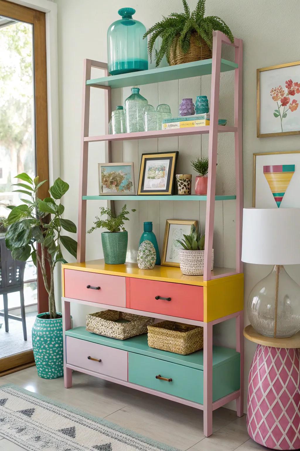 Add a splash of color to your vanity with vibrant shelving choices. 🎨 #ColorPop #JoyfulSpaces