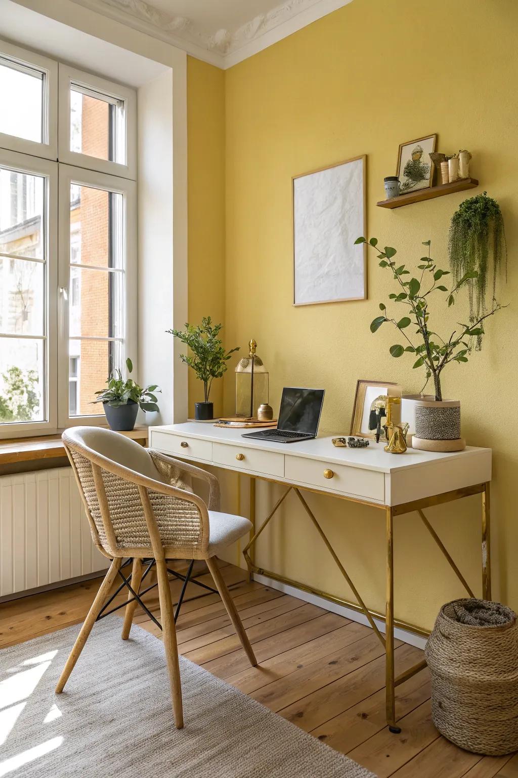 Metallic accents add a luxurious touch, elevating your yellow office to new heights. 🌟 #MetallicDecor #InteriorStyle
