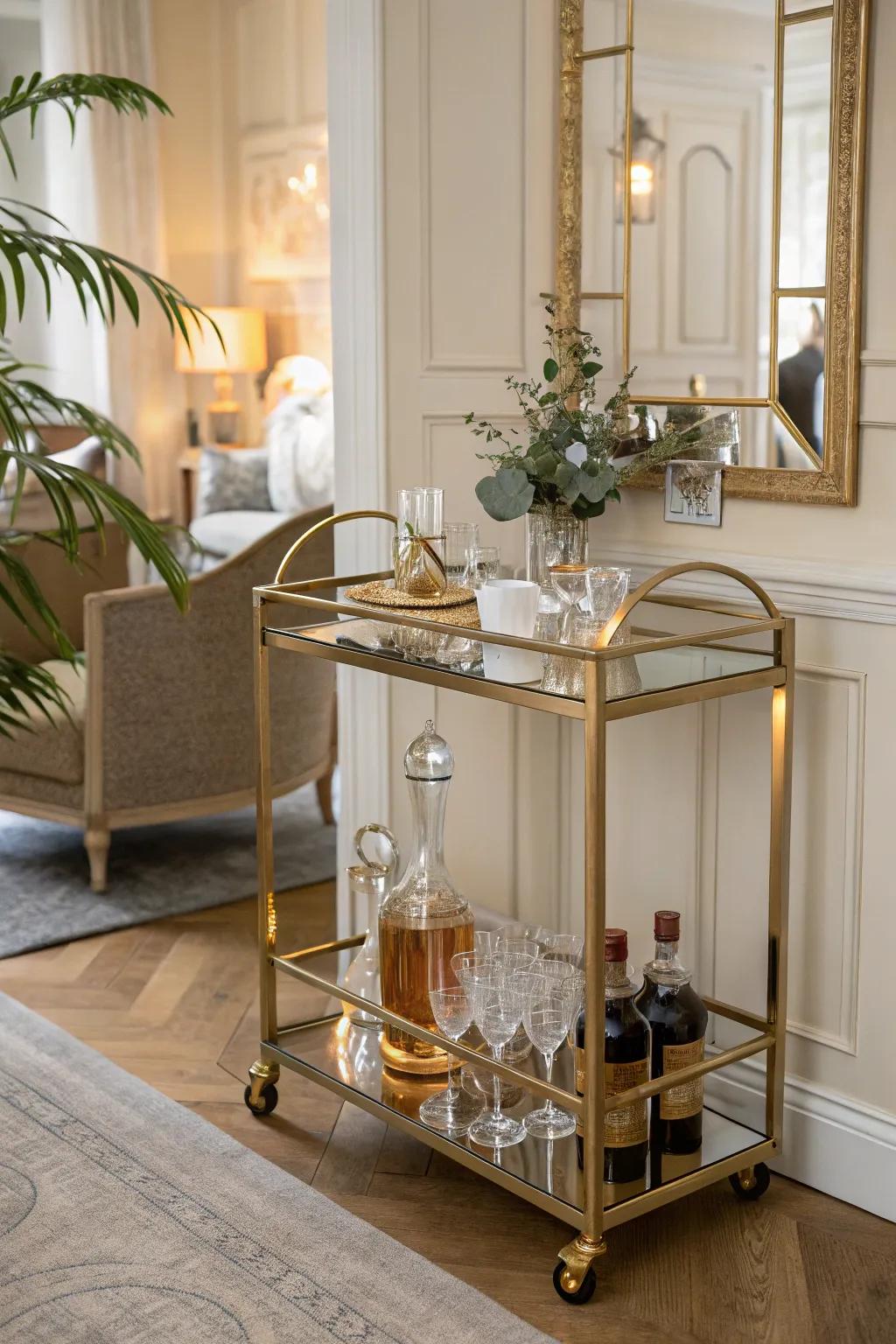 A glamorous bar cart adds a touch of 1920s sophistication to entertaining.