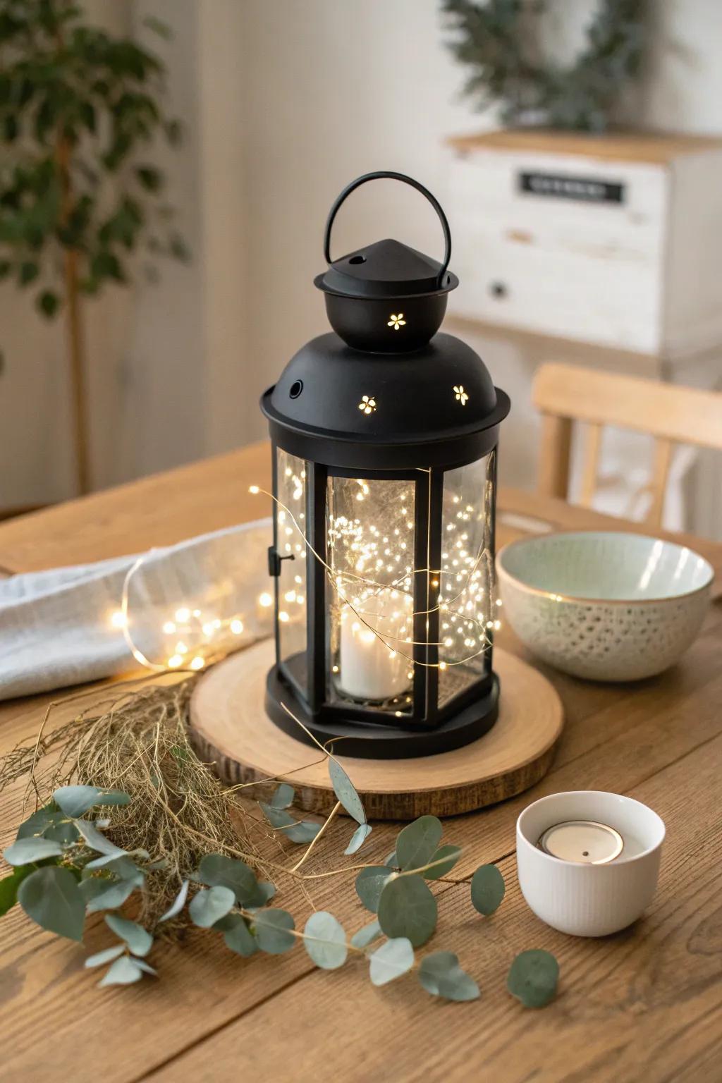 Enchant your guests with a black lantern aglow with white fairy lights.