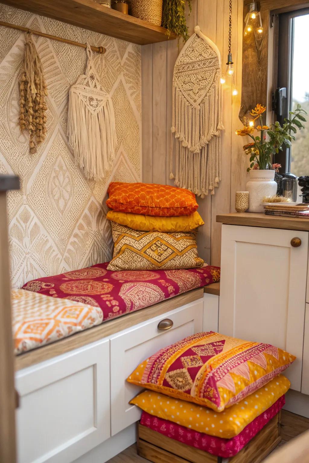 Create a cozy nook in your kitchen for a perfect spot to relax and enjoy the bohemian ambiance.