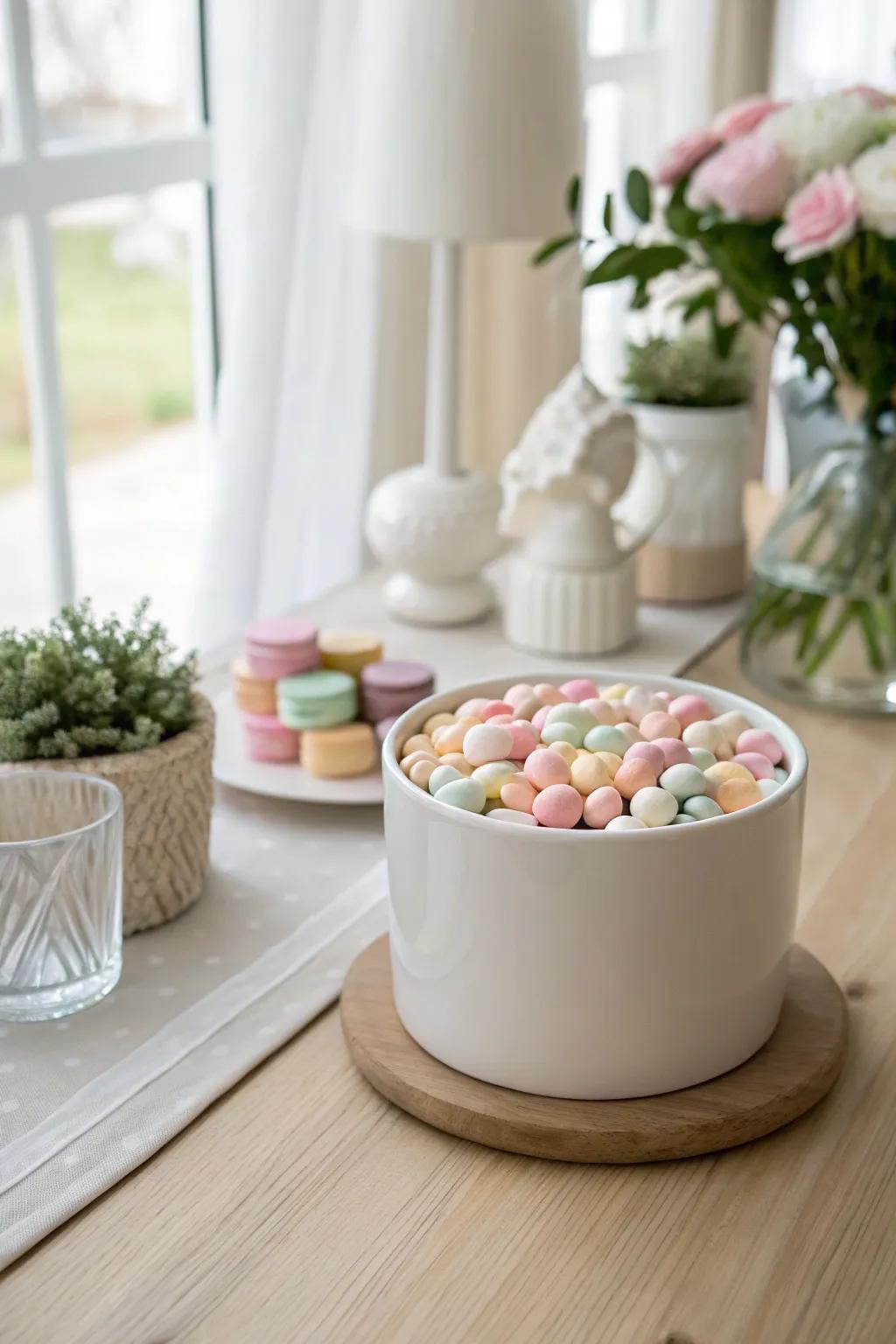 A minimalist candy display adds a chic and modern touch to any table setting.