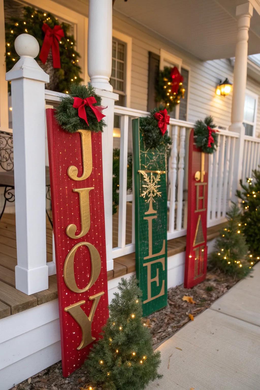 Personalize your porch with themed decorative signs that greet guests with holiday spirit. 🎁 #PersonalizedDecor #HolidayCheer