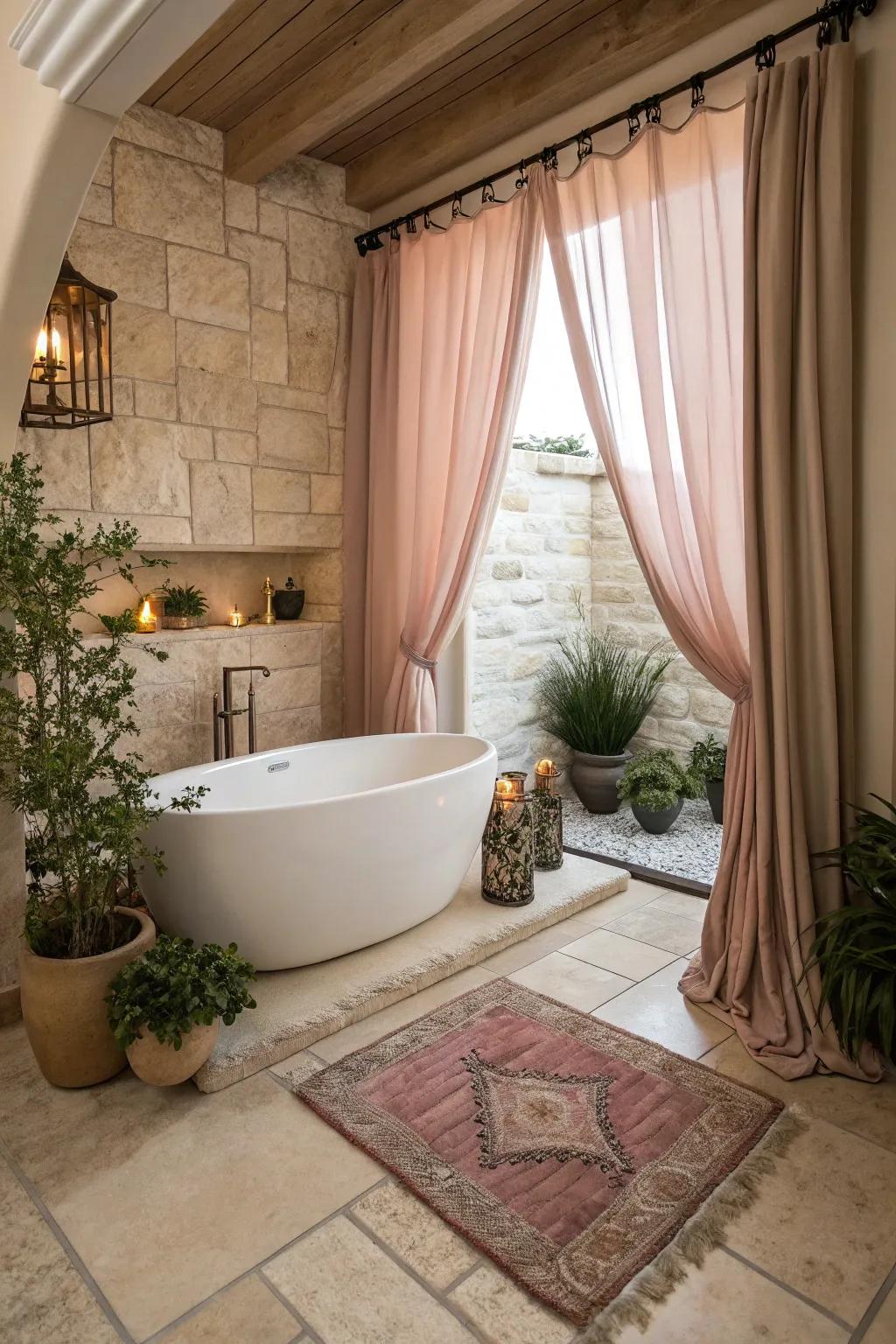 Find your private oasis with a corner freestanding tub nestled in a cozy alcove.