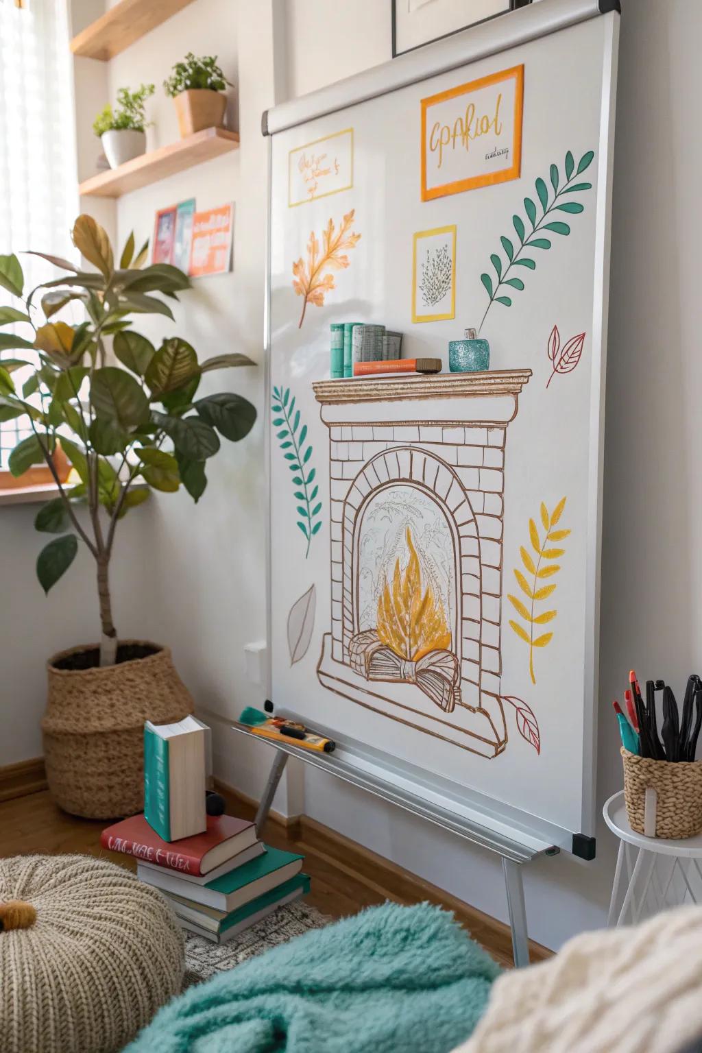 Create a cozy corner on your whiteboard to inspire relaxation and warmth.