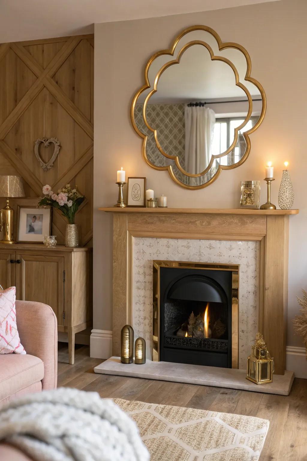 Add personality with a whimsical mirror shape that brings charm to your fireplace.