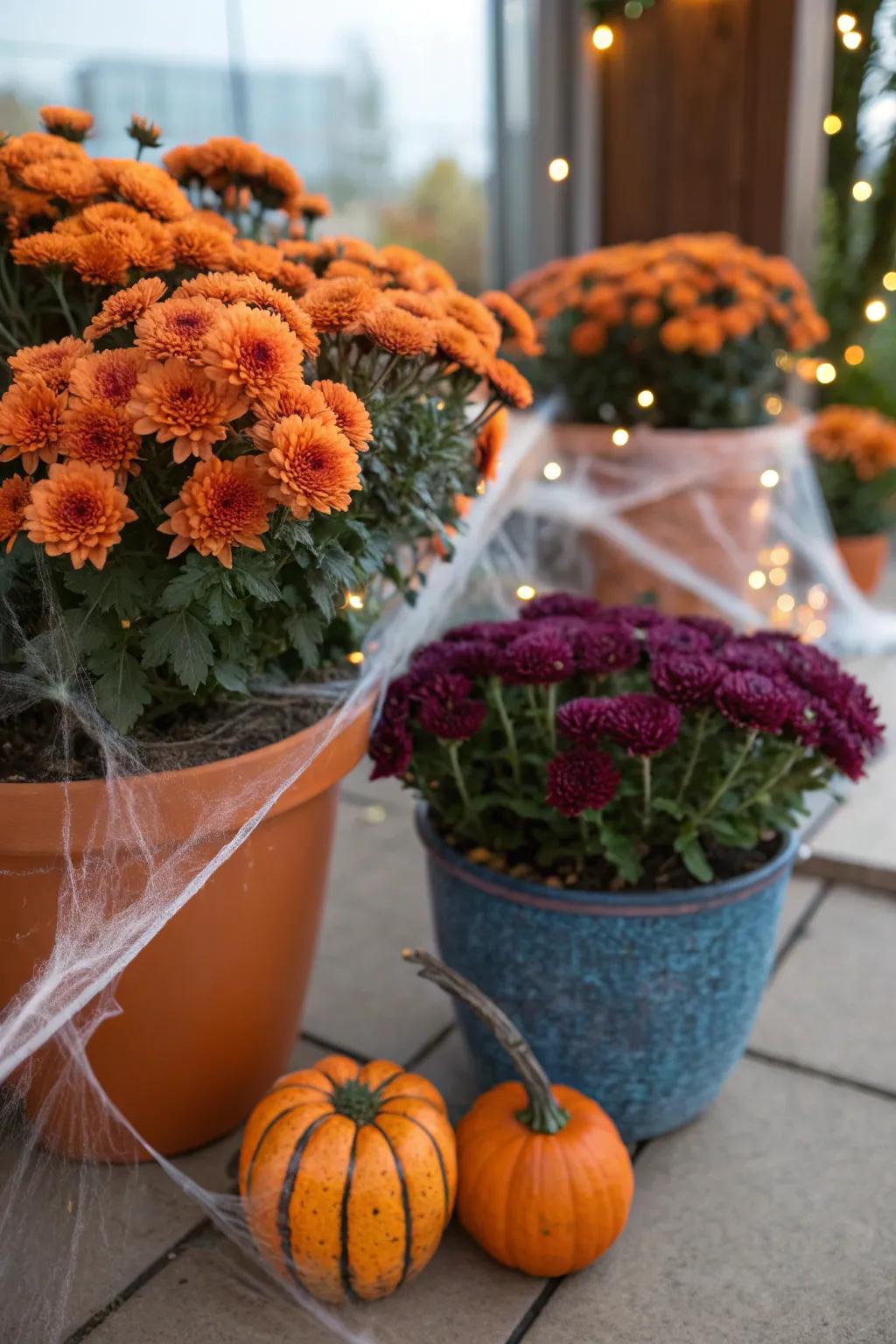 Transform everyday foliage into a spooky centerpiece with cobwebs for a haunted touch.