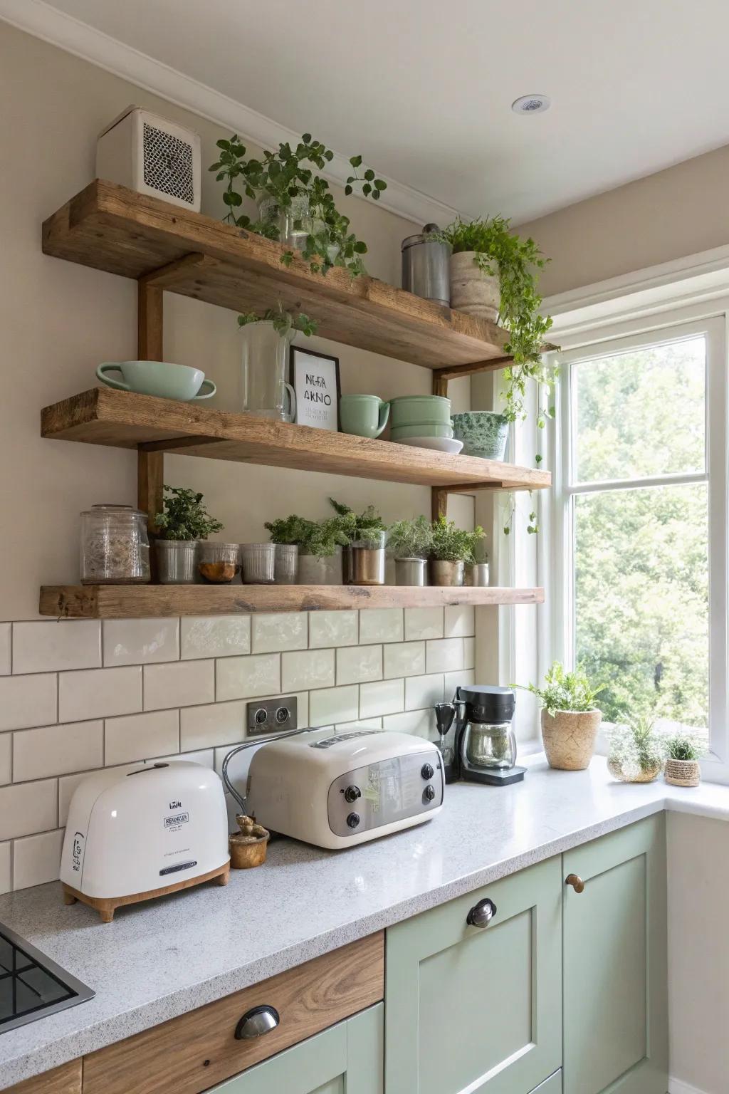 Combine style and function with floating shelves for your kitchen appliances. Hashtags: #FloatingShelves #DecorativeStorage