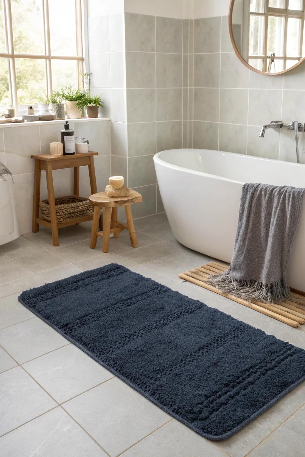 Make your bathroom stand out with a bold rug that contrasts beautifully with its surroundings.
