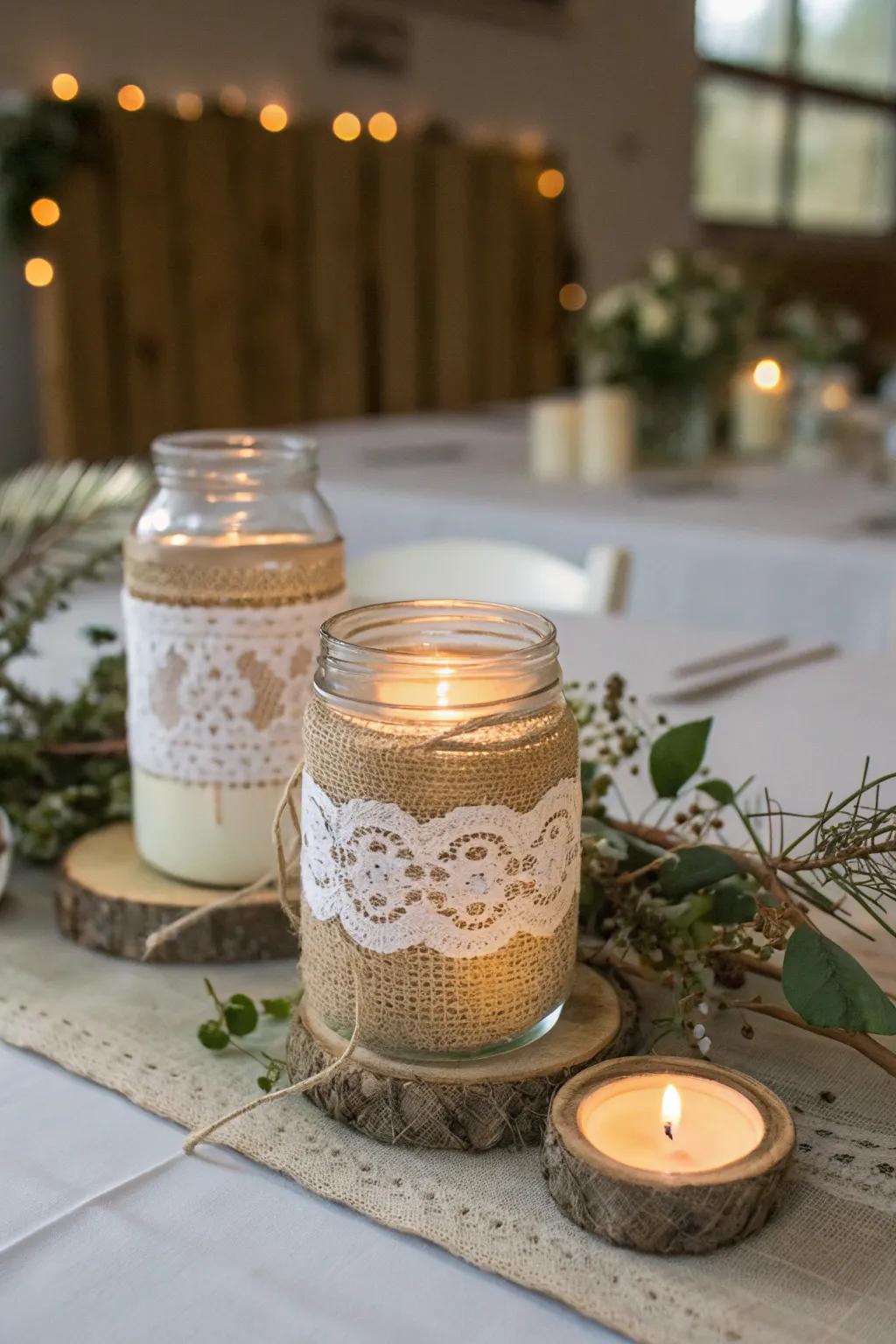 Embrace timeless romance with burlap and lace wrapped mason jars, bringing a soft elegance to your wedding.