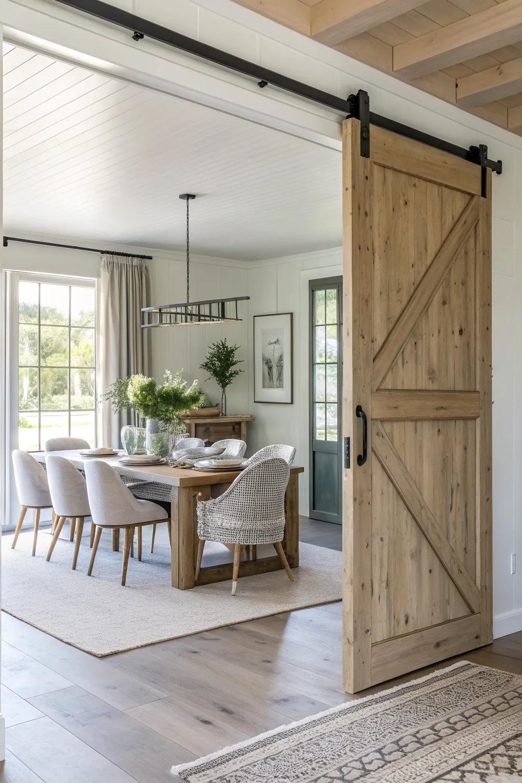 A sliding barn door serves as a striking feature, merging functionality with farmhouse chic.