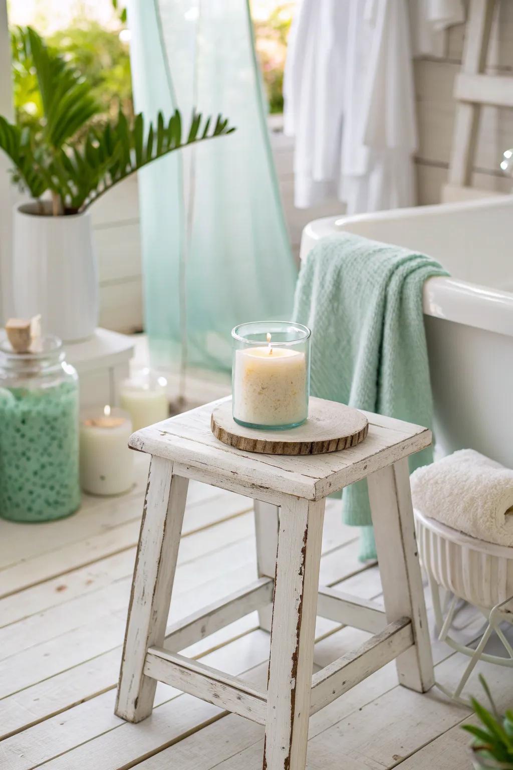 Whitewashed wood offers rustic charm in a soothing sea salt setting.