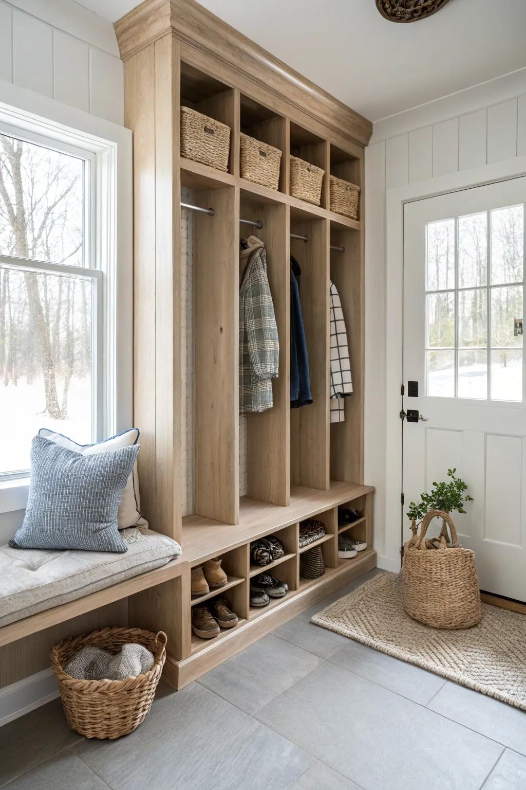 Tall cubbies make efficient use of vertical space, offering organized storage for the whole family. #VerticalStorage #OrganizedLiving