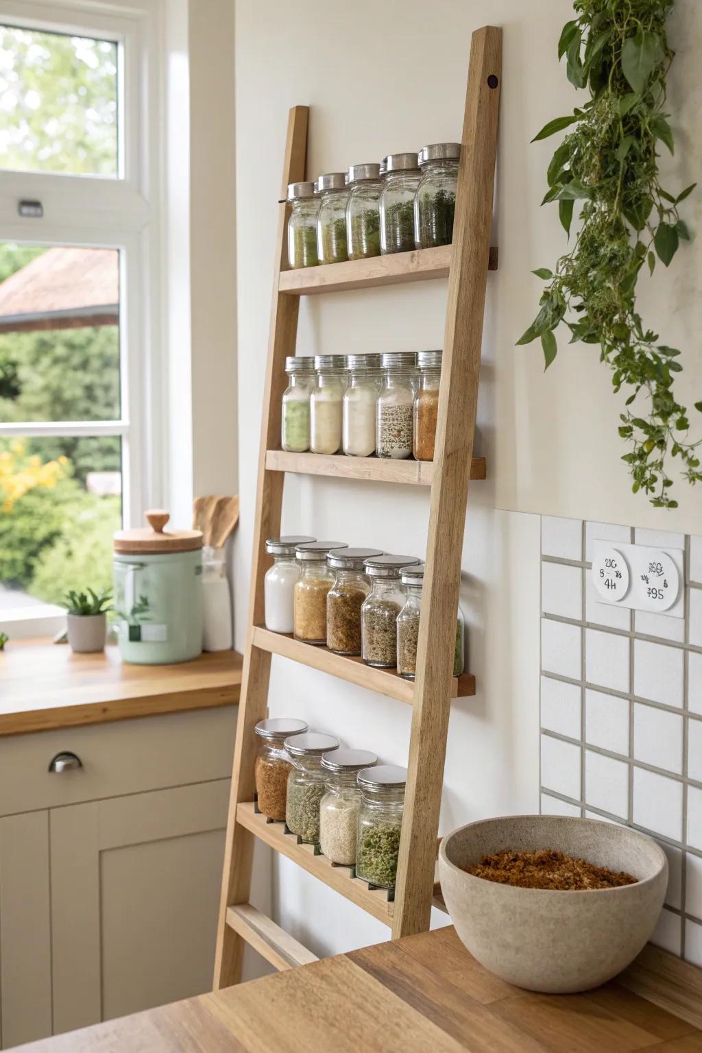 Display your spices in style with a chic ladder shelf that adds elegance. 🪜 #ChicDesign #SpiceDisplay