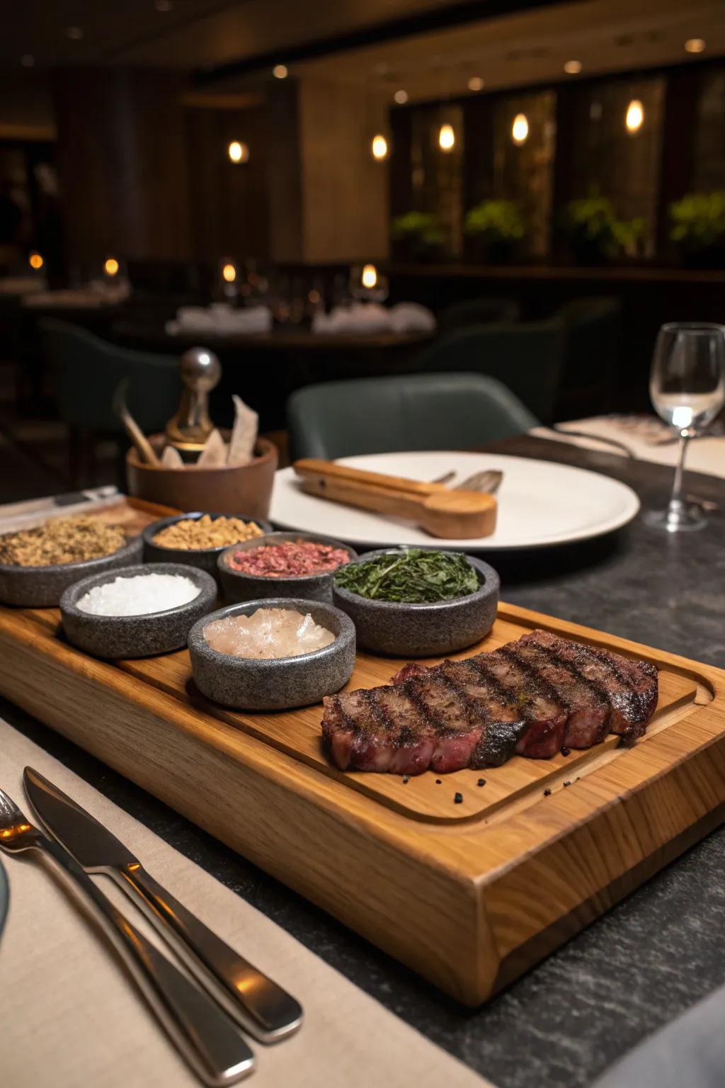 Enhance your steak board with gourmet salts for a personalized flavor experience.