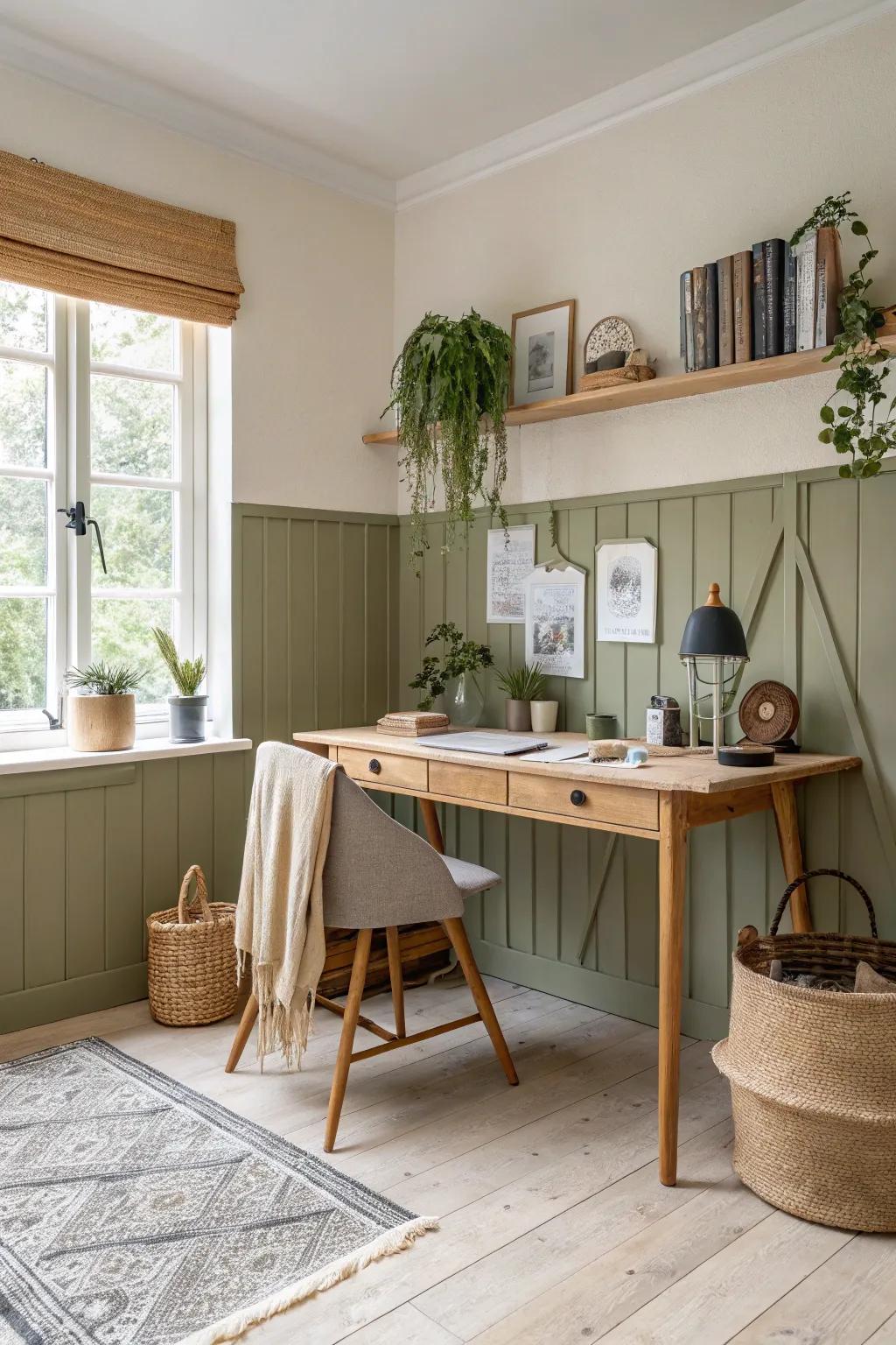 Bring the outdoors inside with refreshing olive and tan wainscoting in your home office.