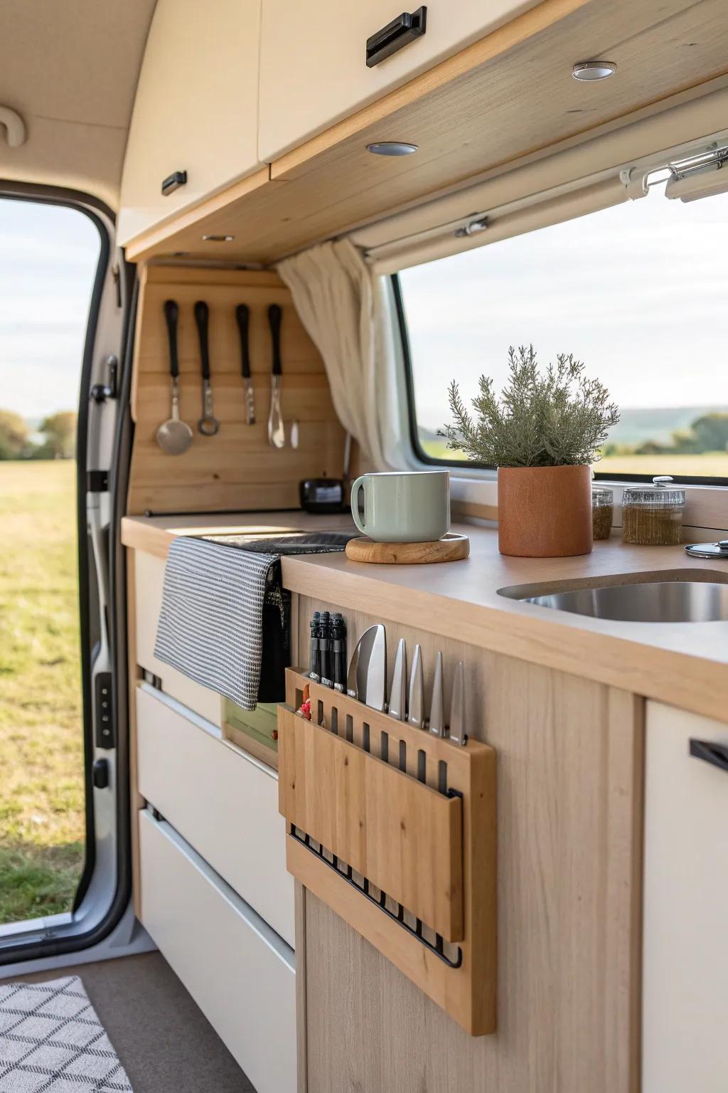 Keep your kitchen tools at hand with sleek magnetic strips. #KitchenHacks #VanDesign
