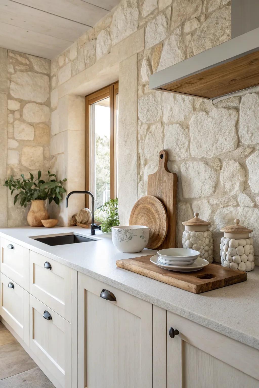 Classic elegance comes alive with limestone and cream, creating a warm and inviting kitchen.