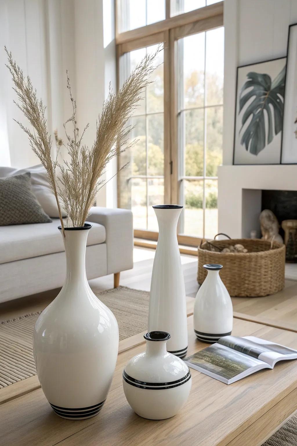 Sleek and modern: white ceramic vases with subtle black accents.