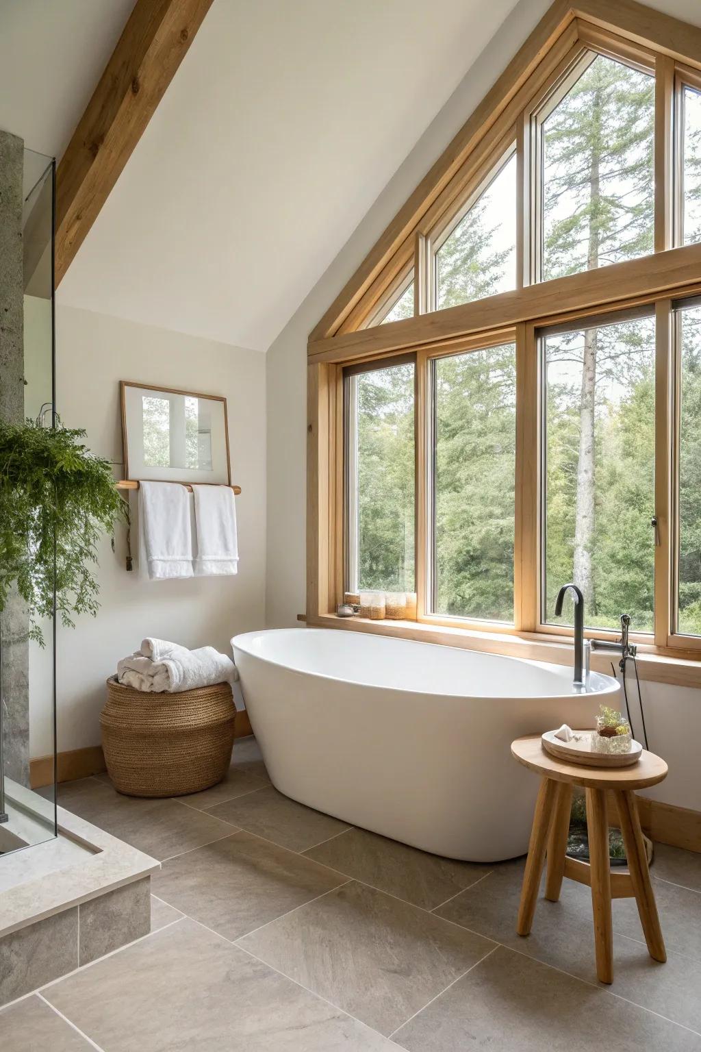 Achieve balance and harmony with a corner freestanding tub that complements the symmetry of your bathroom design.