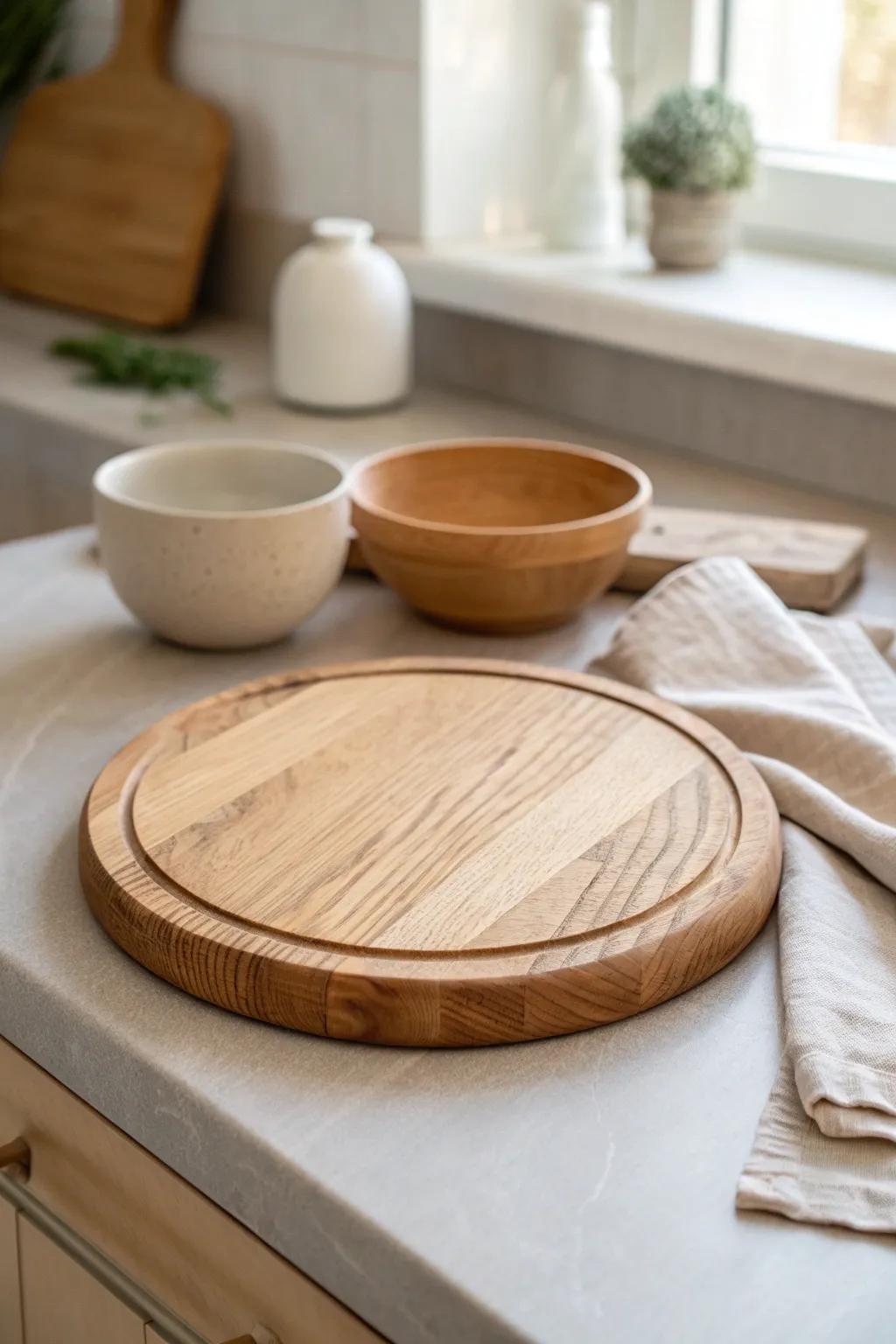 Optimize space and style with a circular cutting board that’s easy to store.