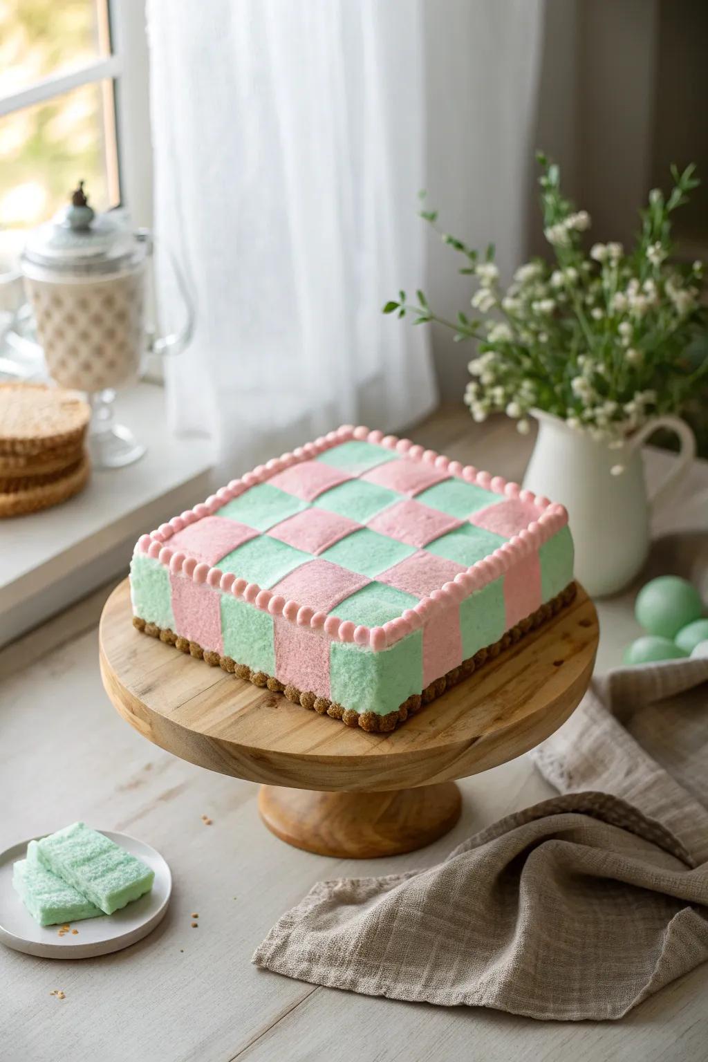 A charming gingham pattern gives your Easter cake a cozy feel.