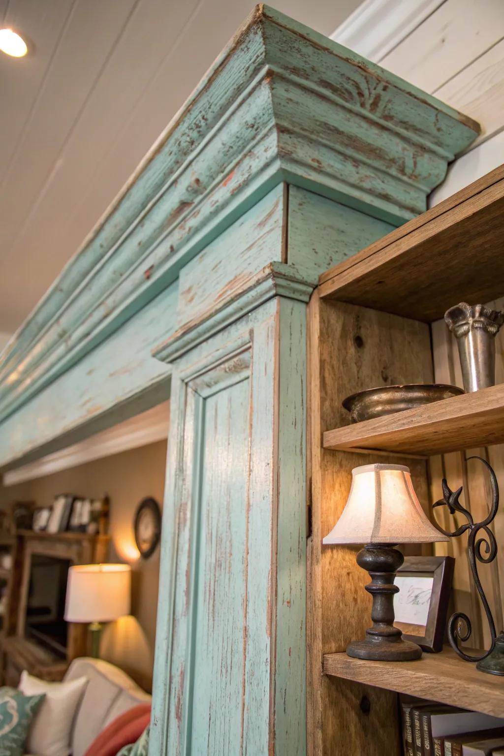 Unexpected colors in crown molding add a playful, personalized touch to farmhouse decor.