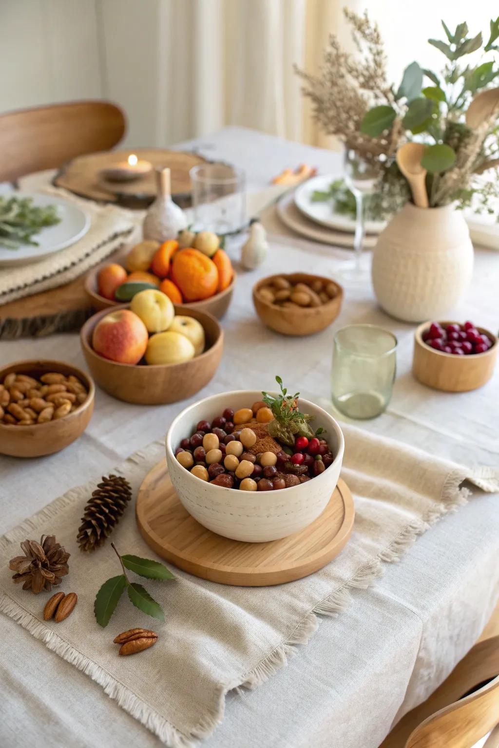 Edible accents like fruit and nuts bring beauty and functionality to your Friendsgiving decor.