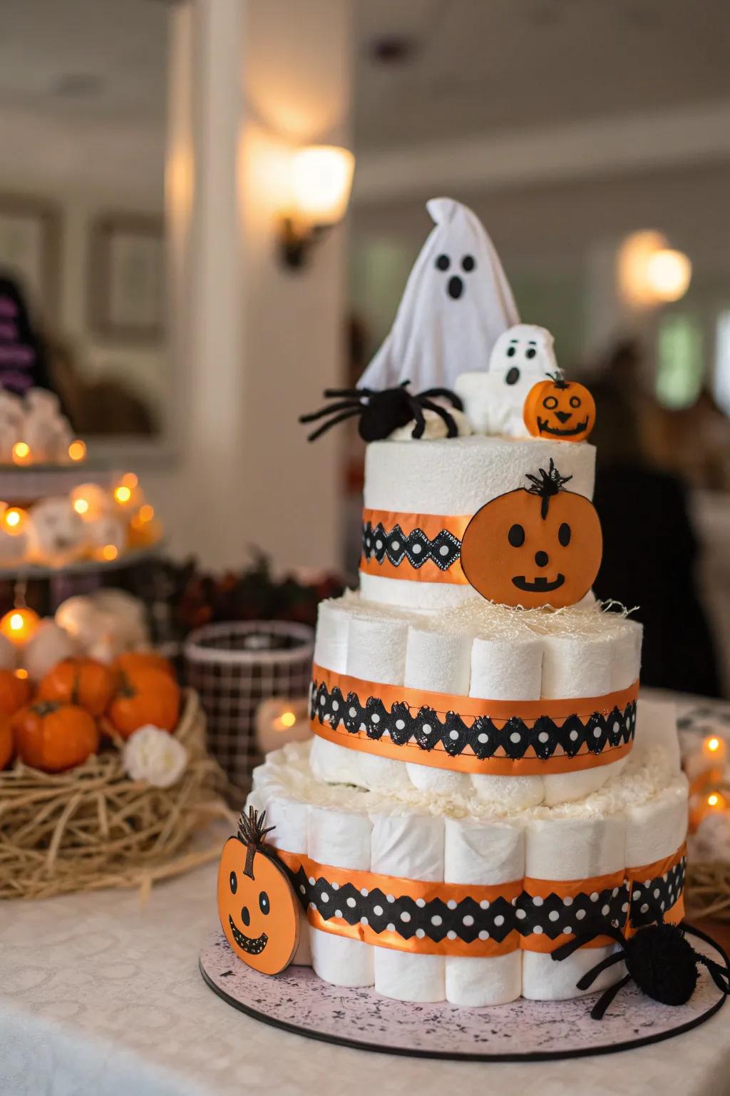 A Halloween-themed diaper cake is both practical and perfectly festive for the occasion.