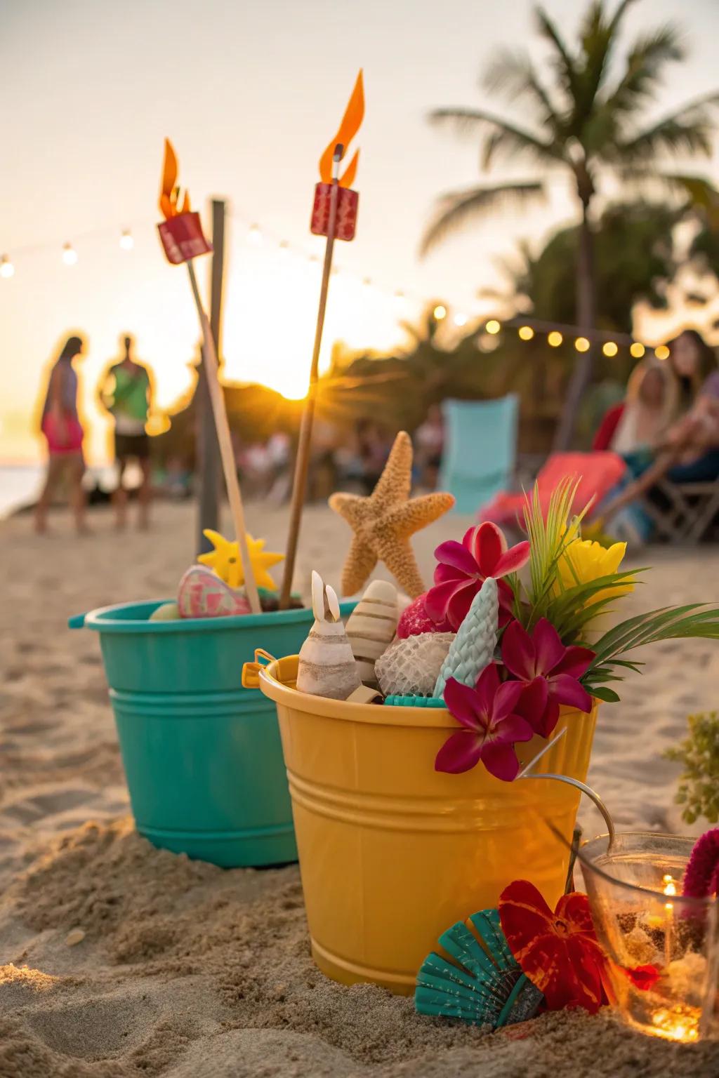 Bring the beach to your table with sand bucket centerpieces that are fun and festive!