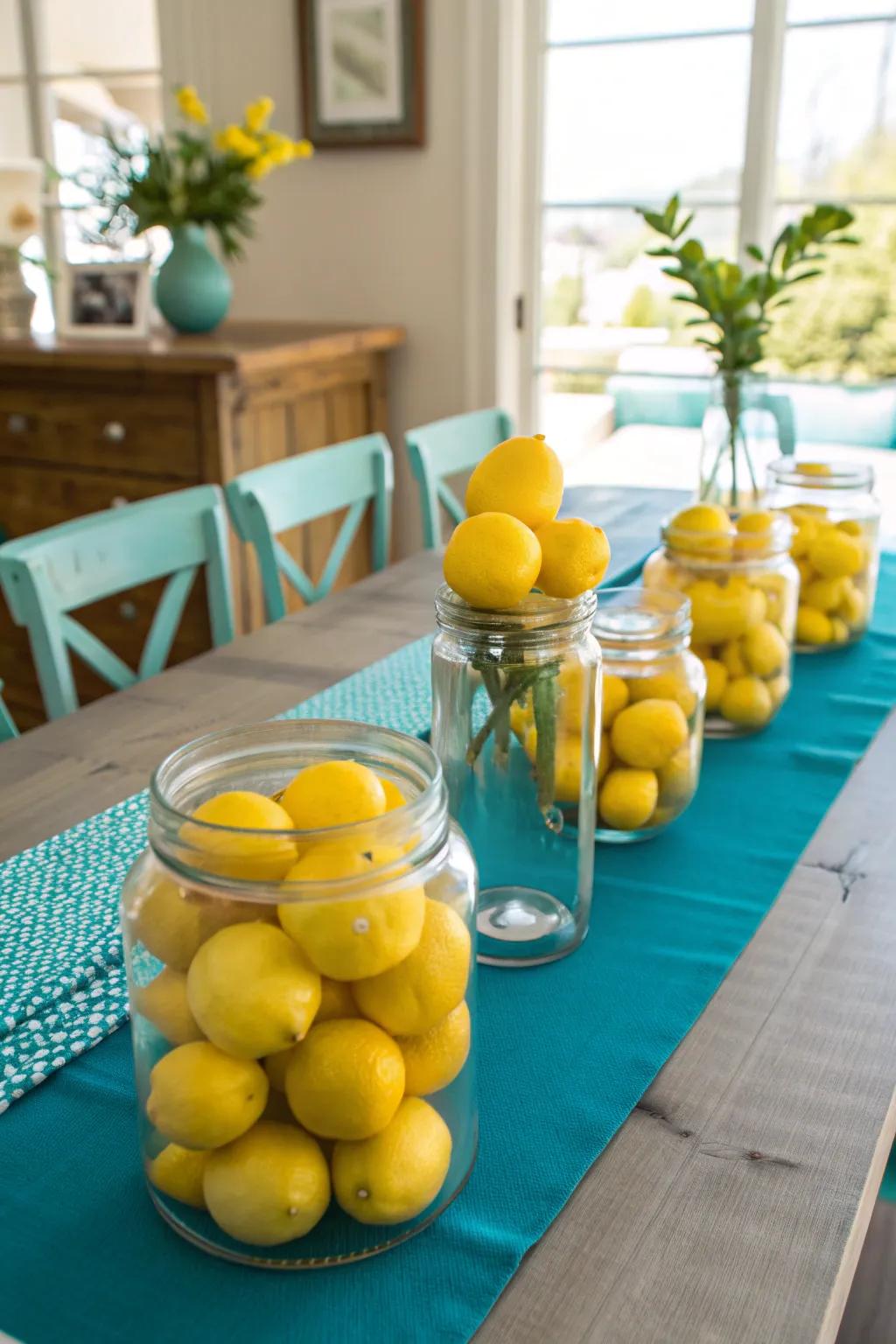 Create elegance with a display of lemons in glass jars, a versatile choice for any room.