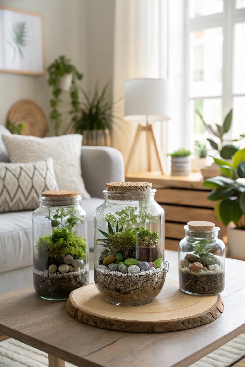 Bring a touch of whimsy with mini terrarium mason jars, adding a lush and vibrant element to your wedding.