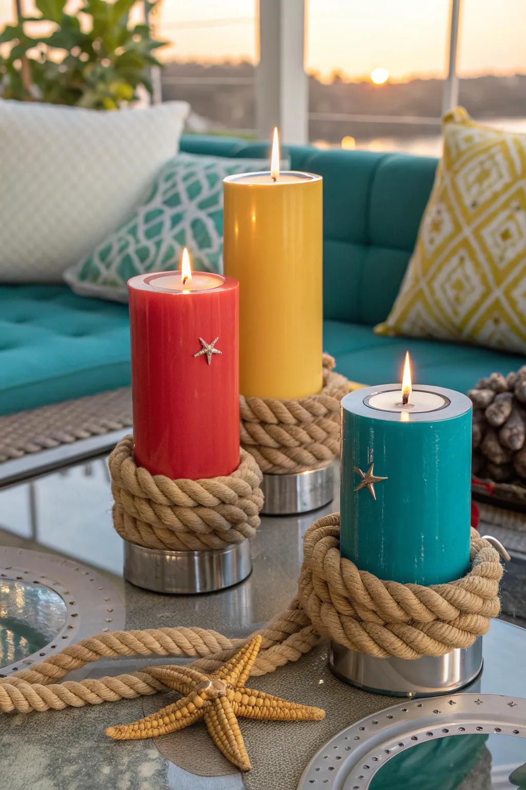 Candles in nautical holders bring warmth and a touch of coastal magic.