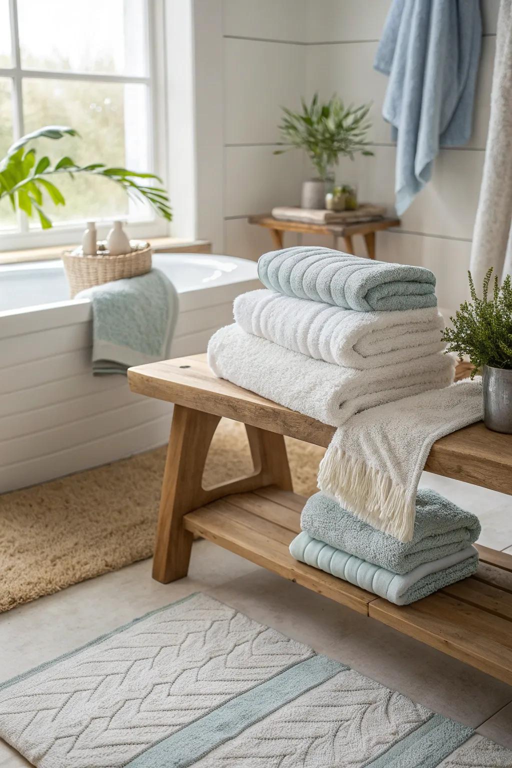 Layered textiles add warmth and comfort to the sea salt bathroom. 🛁 #CozyHome