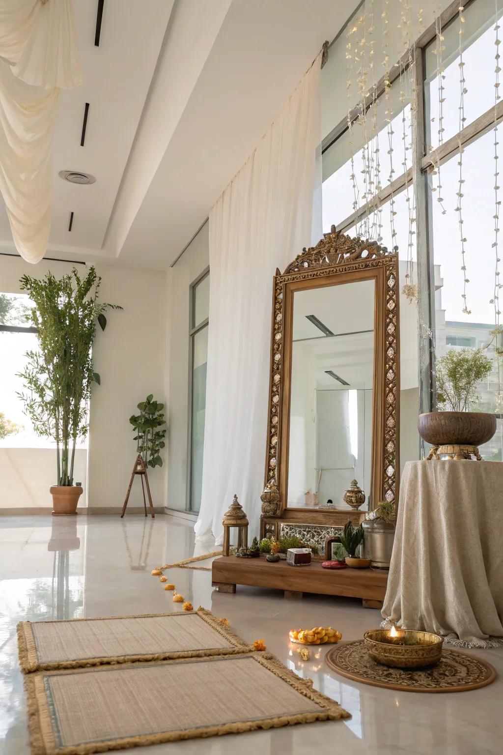 Enhance your pooja decor with reflective surfaces, adding depth and light to the sacred space.