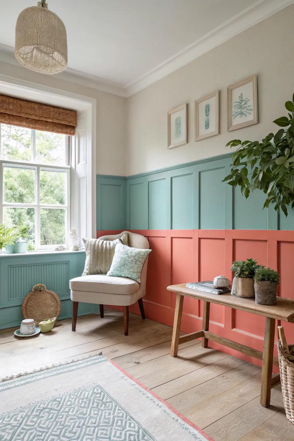 Add a wow factor to your home with surprising coral and aqua color block wainscoting.