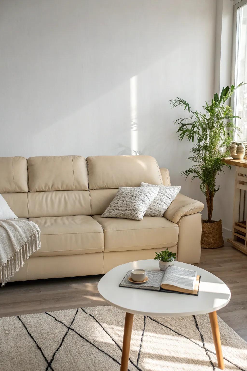 Achieve a serene vibe with minimalist whites paired with your beige leather sofa for a truly calming space.