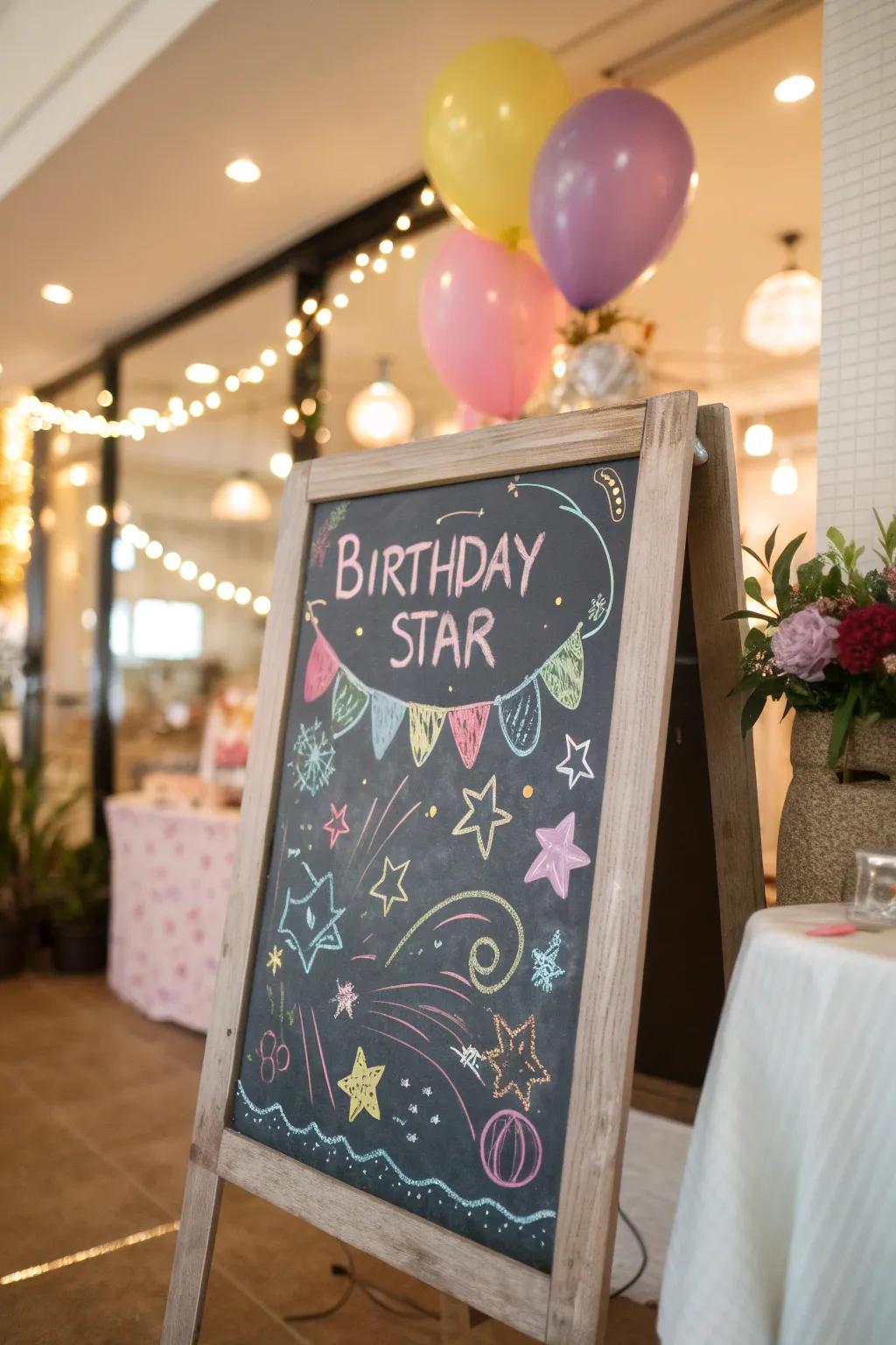 Create a personalized birthday message wall with a simple chalkboard and vibrant chalk art.