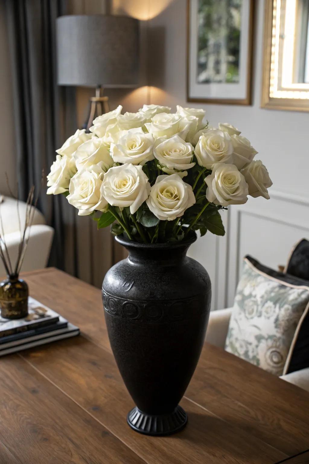 The timeless elegance of white roses in a black vase adds a touch of sophistication to any table.