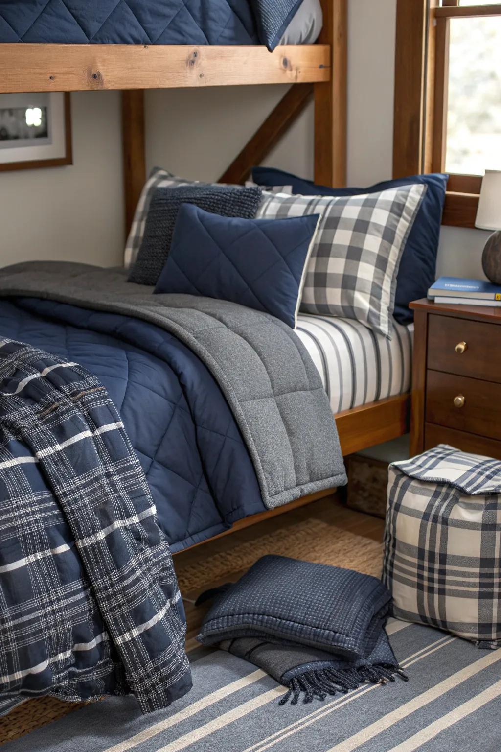 Create a welcoming bed with layered textures and tones for a stylish, masculine look.