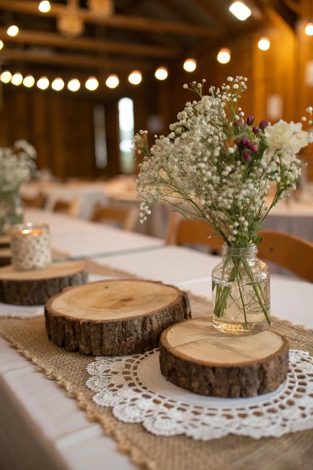 Bring the beauty of nature to your bridal shower with rustic wooden centerpieces. Perfect for a warm and inviting atmosphere.
