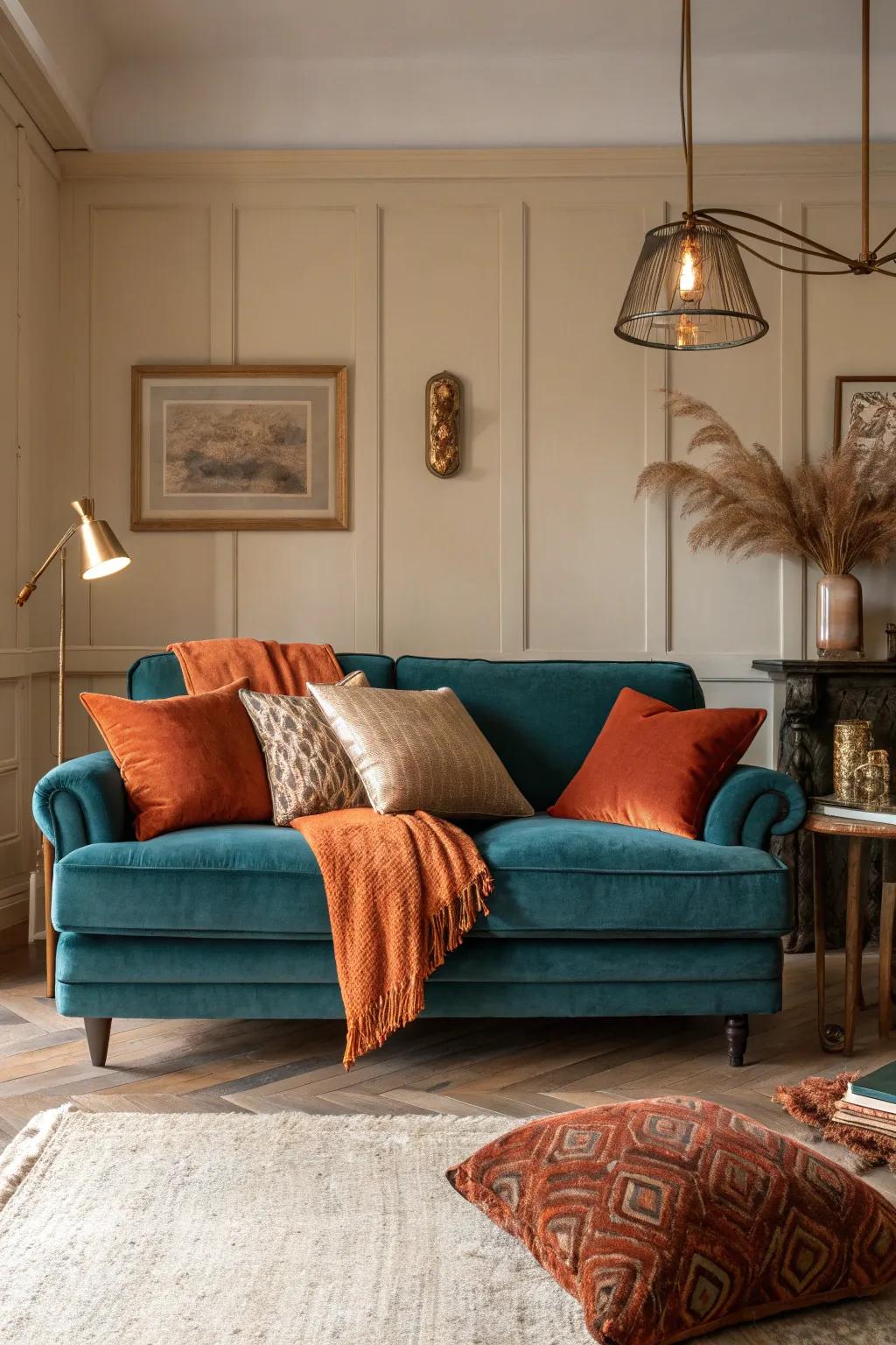 A teal velvet sofa brings elegance and provides the perfect backdrop for vibrant accents. #LivingRoomGoals #VelvetSofa