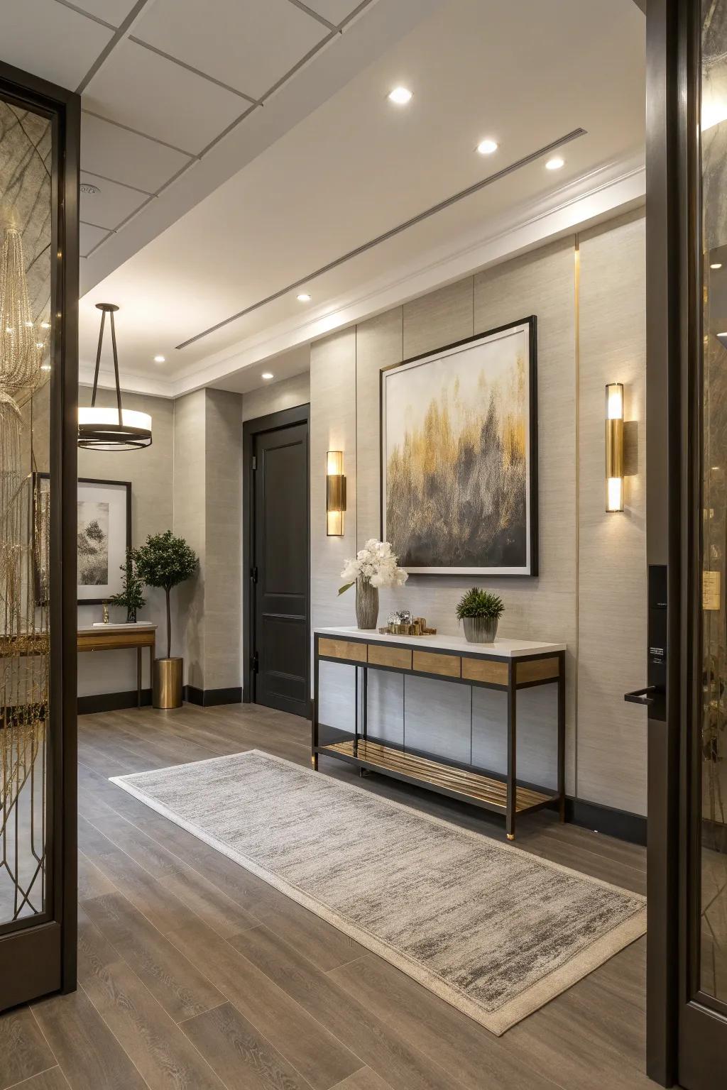Embrace the elegance of minimalism with a neutral palette and striking art for a modern business entryway.