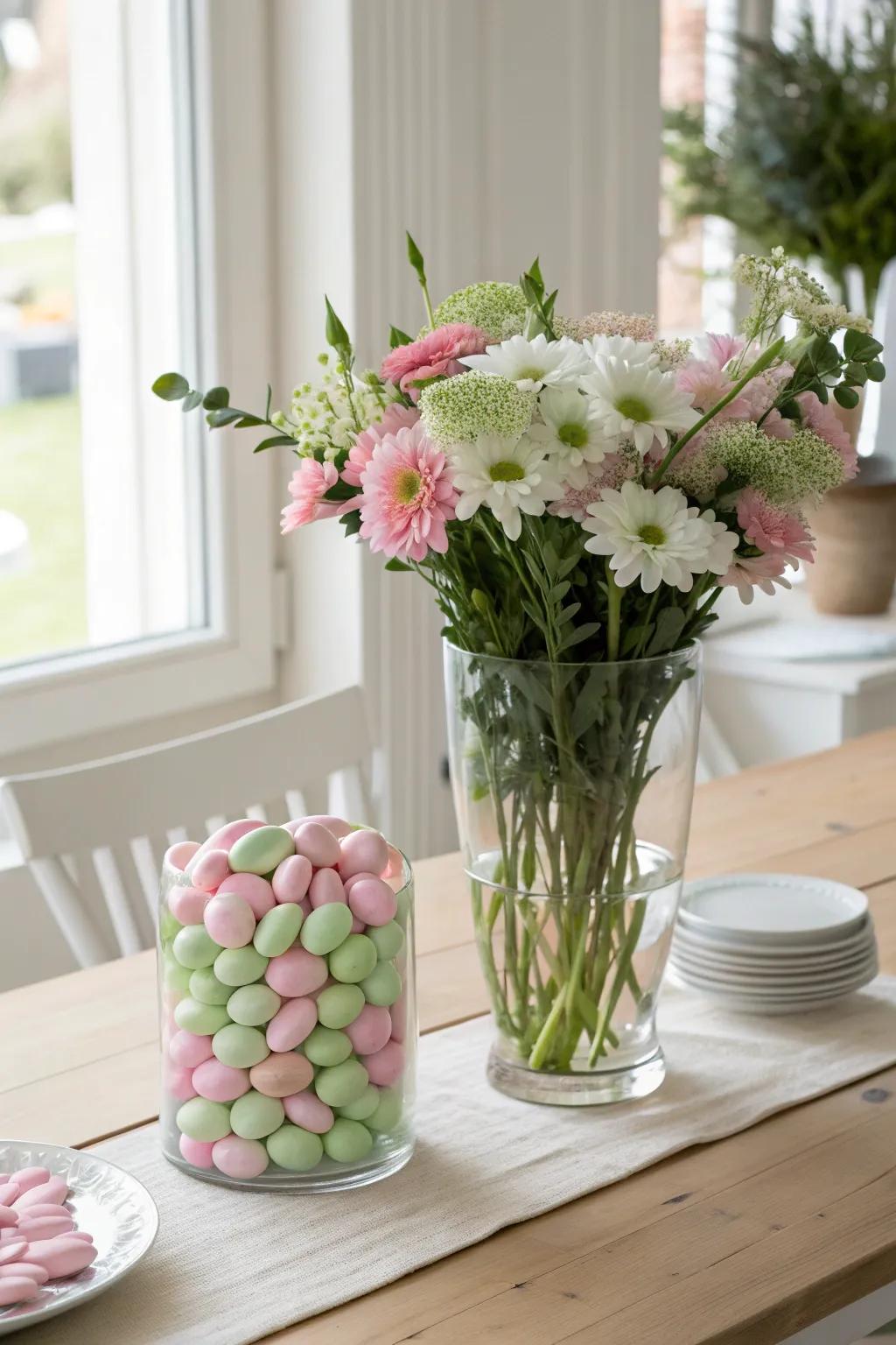 Mix flowers and candies for a delightful centerpiece that brightens any room.