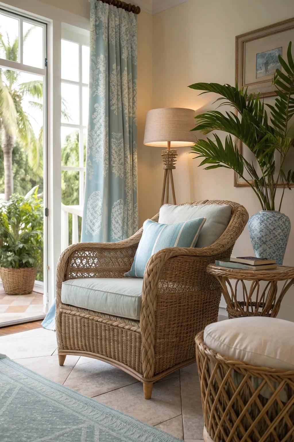 Create a cozy nook with wicker and rattan furniture that invites relaxation.