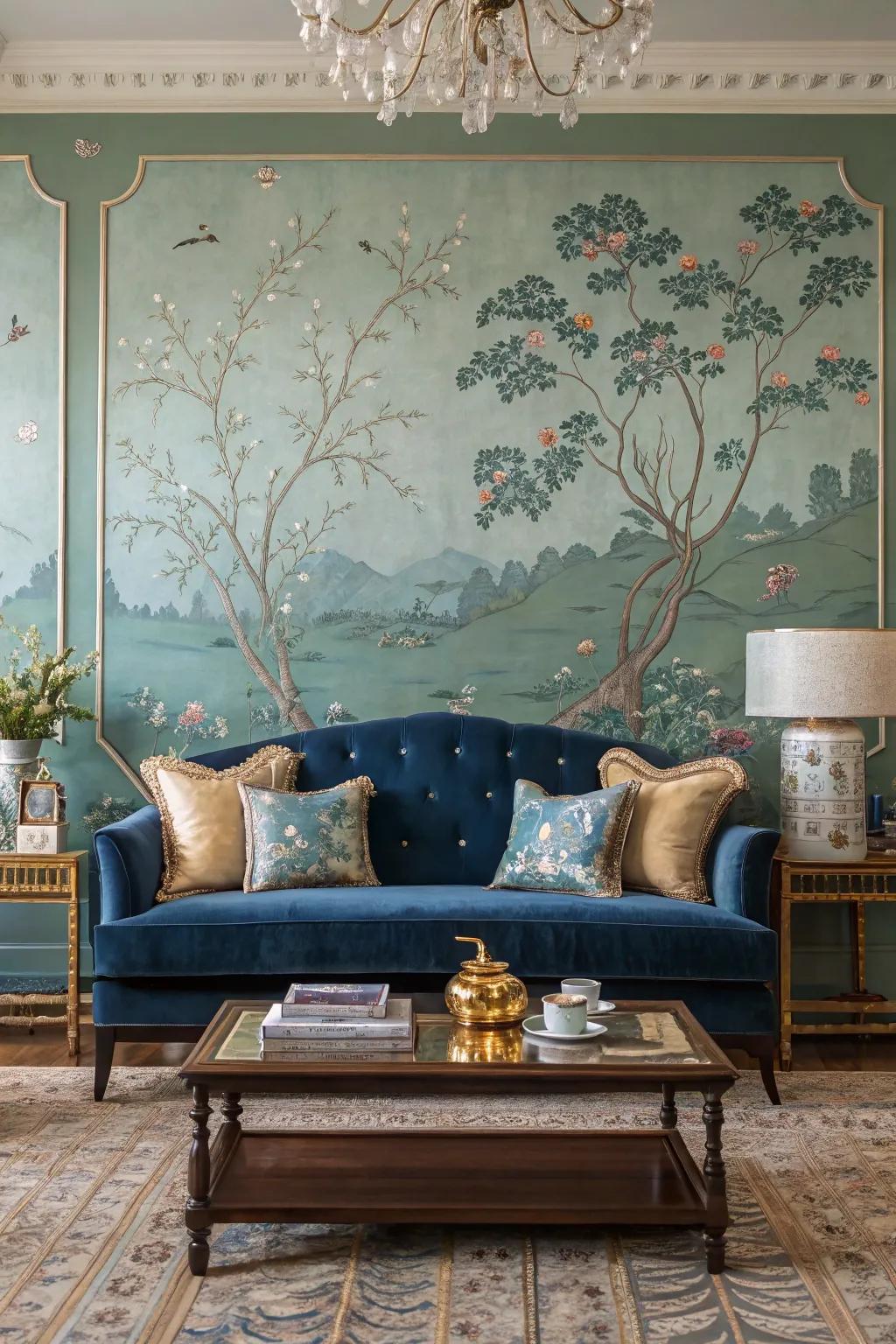 Chinoiserie wallpaper elevates any room with its intricate designs and serene landscapes. #WallArt #InteriorDesign