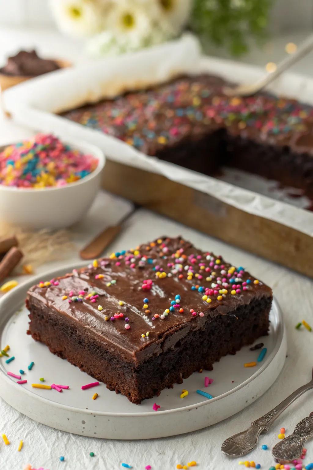 Make your chocolate sheet cake burst with color using vibrant rainbow sprinkles. #CakeMagic #SprinkleJoy 🎉