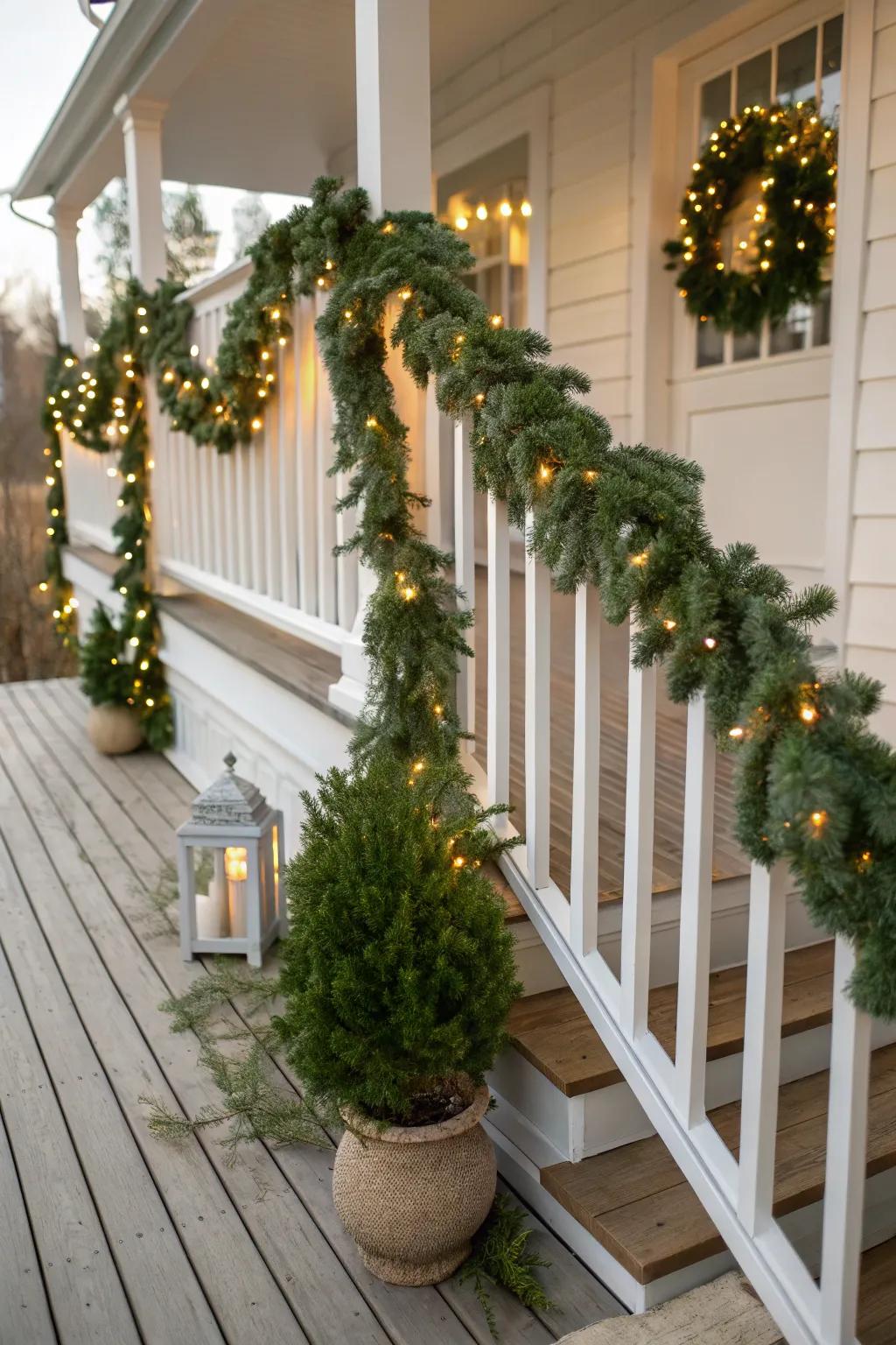 Bring a touch of timeless elegance to your home with classic greenery garlands adorned with twinkling lights.