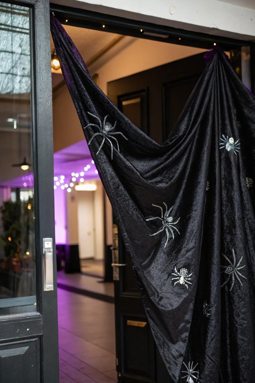 Create a dramatic entrance by draping your doorway with black cloth and adding creepy crawlers for effect.